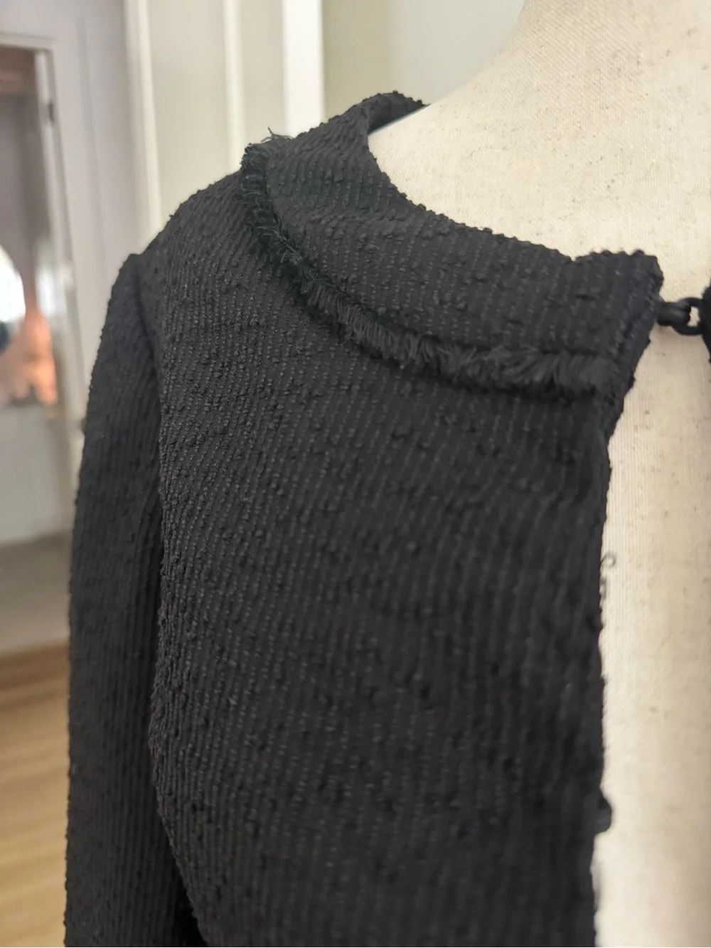 Karl Lagerfeld Paris Black Textured Tweed Fringed Lady Jacket - Size 8